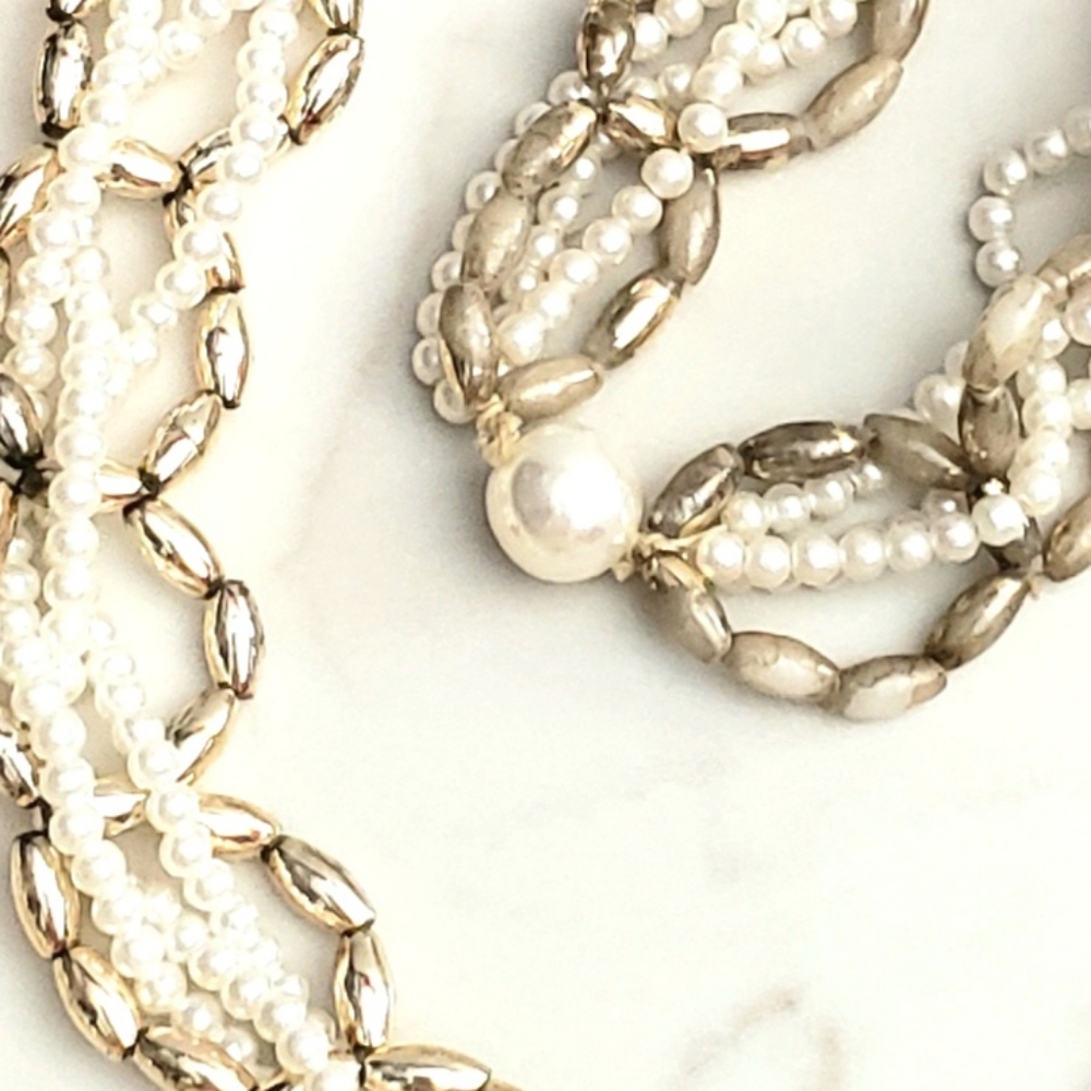 Gold and White Pearl and Mixed Bead Long Necklace 14" - Picture 2 of 8